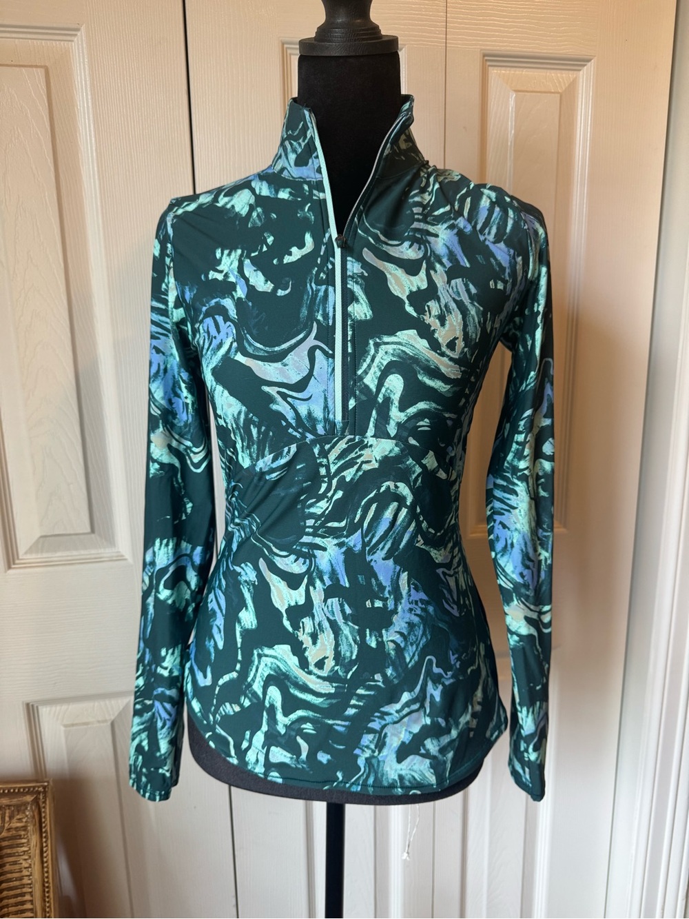 Women's Teal Marbled-Print Quarter-Zip Athletic Top